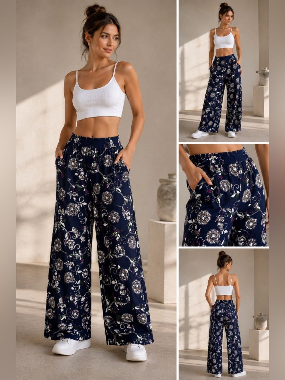 Ashley Blue Elastic Waist Boho Casual Pant Floral Print Size XL Navy Blue White